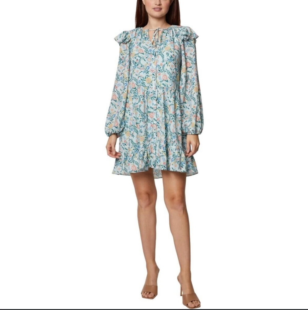 BCBG Floral Print Tie Neck Baby Doll Long Sleeve Dress Size 16